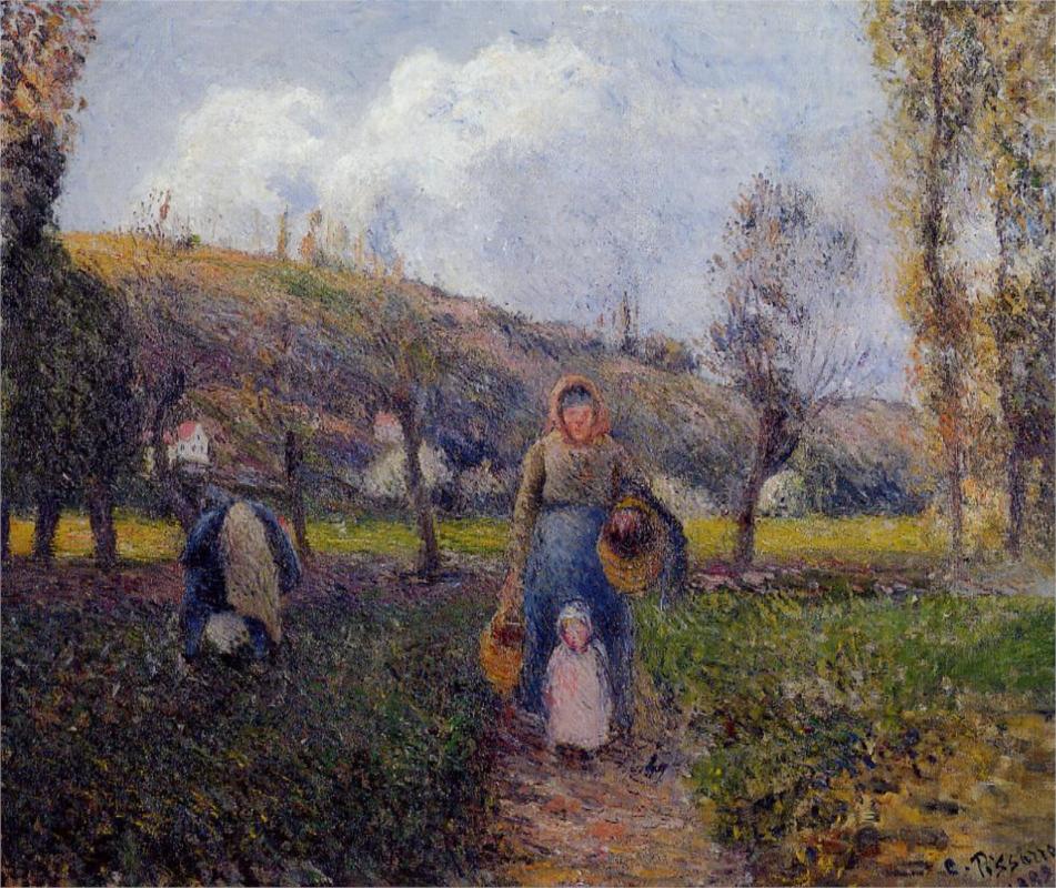 Peasant Woman and Child Harvesting the Fields, Pontoise - Camille Pissarro Paintings